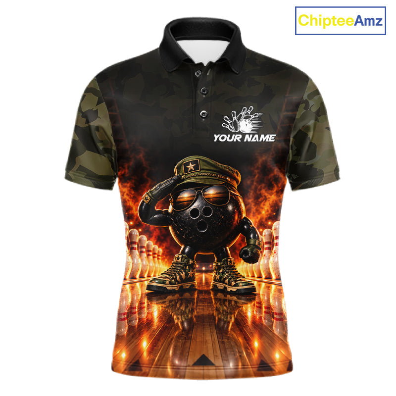 Military Camo Bowling  Polo 1/4-Zip Shirt For Men Personalized Fire Bowling Pins Bowling Team Jersey NYN4859