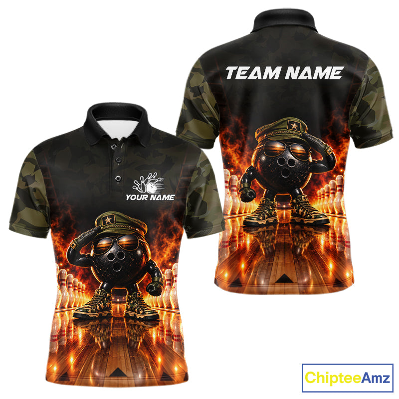 Military Camo Bowling  Polo 1/4-Zip Shirt For Men Personalized Fire Bowling Pins Bowling Team Jersey NYN4859
