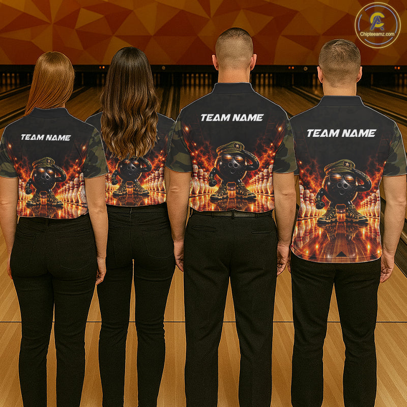 Military Camo Bowling  Polo 1/4-Zip Shirt For Men Personalized Fire Bowling Pins Bowling Team Jersey NYN4859