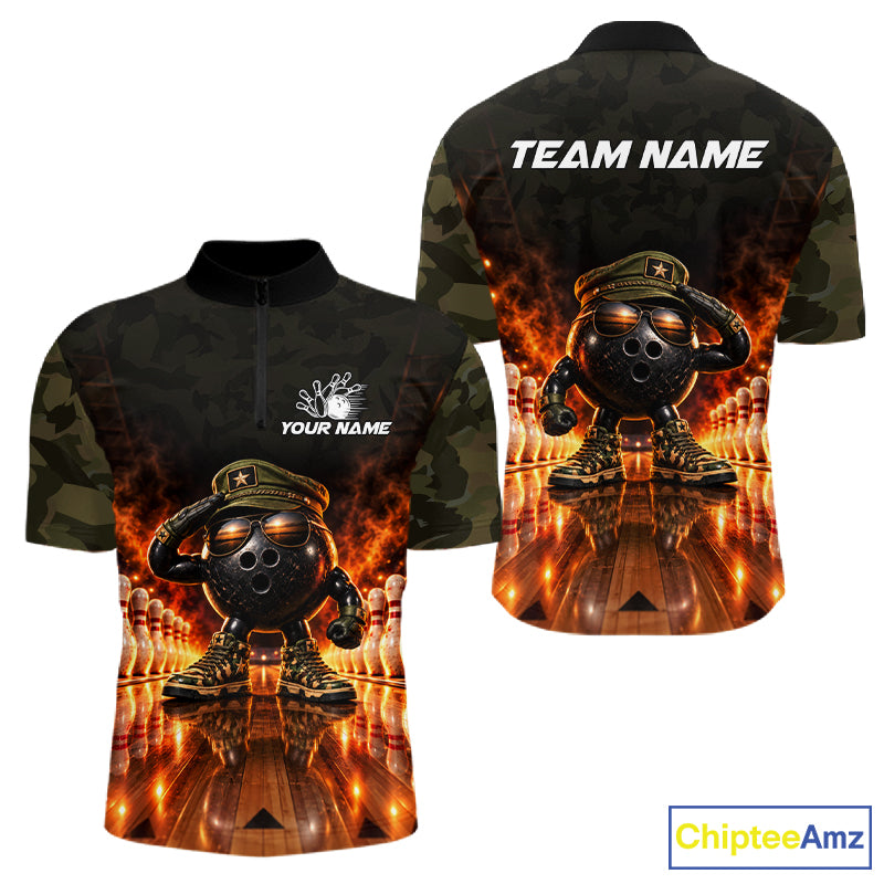 Military Camo Bowling  Polo 1/4-Zip Shirt For Men Personalized Fire Bowling Pins Bowling Team Jersey NYN4859
