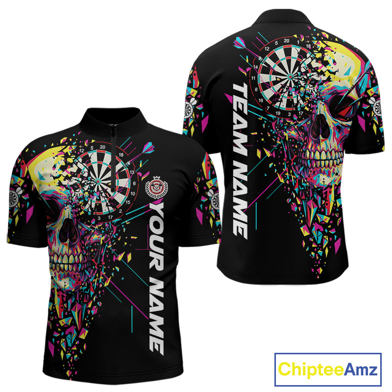 Custom Colorful Shatter Skull & Dartboard Darts Quarter-Zip Shirt For Men Cracked Dart Jerseys NYN1960