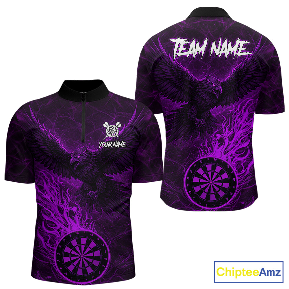 Purple Grunge Eagle Fire Flame Dartboard Men Darts Quarter-Zip Shirts Custom Dart Team Jerseys NYN2506