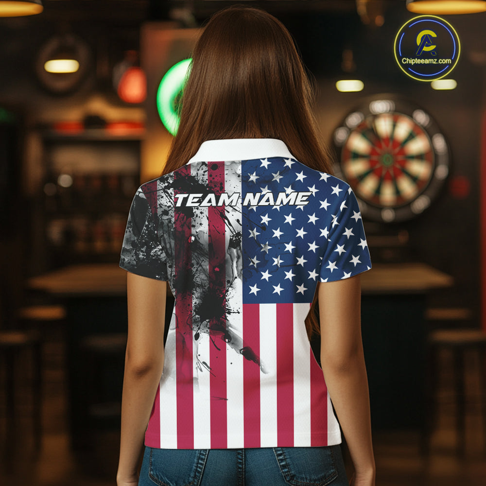 Personalized American Flag Black Splatter Dart Polo Shirts For Women Custom Dart Team Jerseys NYN2711