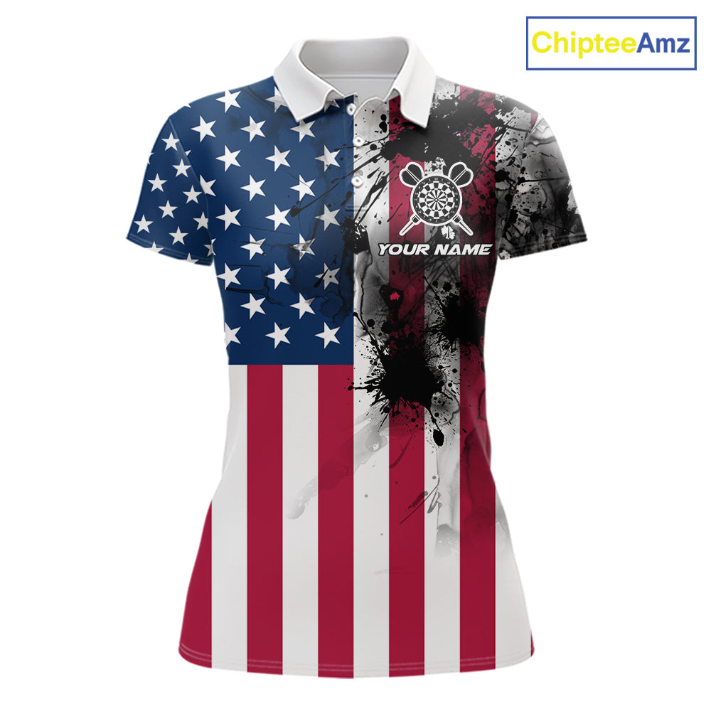 Personalized American Flag Black Splatter Dart Polo Shirts For Women Custom Dart Team Jerseys NYN2711