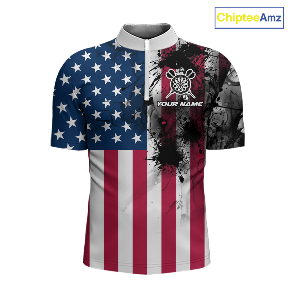 Personalized American Flag Black Splatter Dart 1/4-Zip Shirts For Men Custom Dart Team Jerseys NYN2711