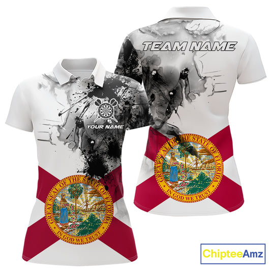 Personalized Florida Flag Black Splatter Dart Polo Shirts For Women Custom Dart Team Jerseys NYN2713