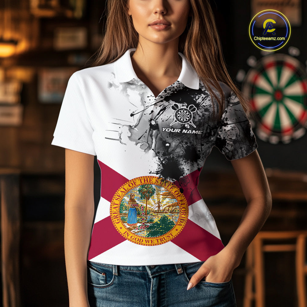 Personalized Florida Flag Black Splatter Dart Polo Shirts For Women Custom Dart Team Jerseys NYN2713