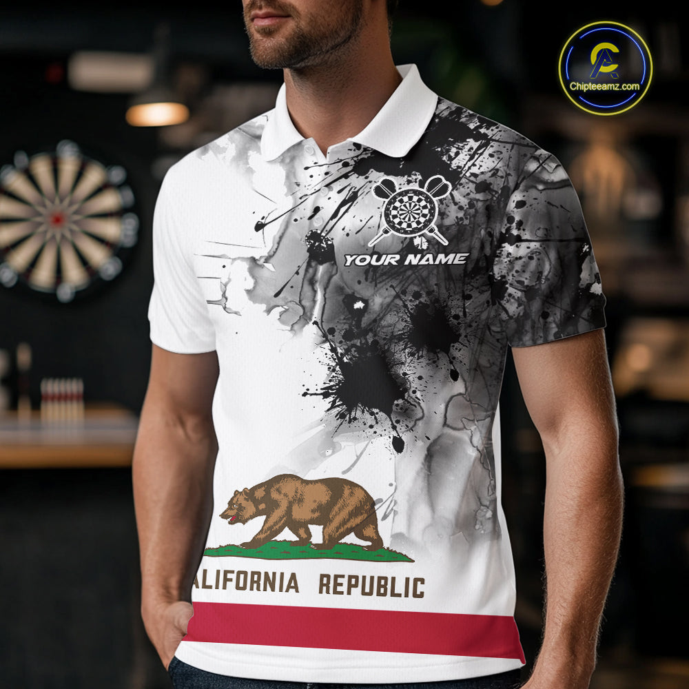 Personalized California Flag Black Splatter Dart Polo Shirts For Men Custom Dart Team Jerseys NYN2714