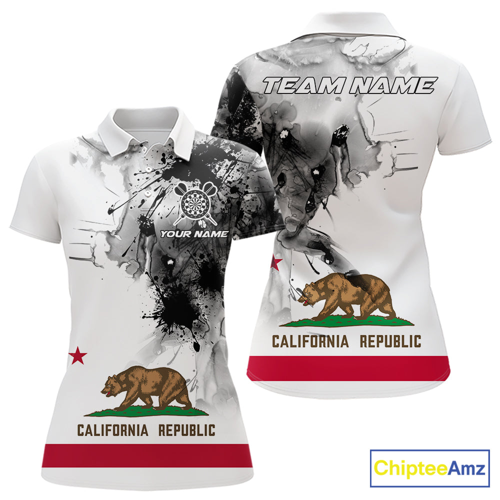 Personalized California Flag Black Splatter Dart Polo Shirts For Women Custom Dart Team Jerseys NYN2714