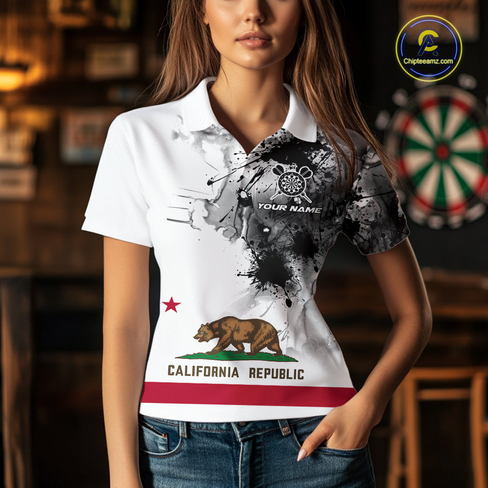 Personalized California Flag Black Splatter Dart Polo Shirts For Women Custom Dart Team Jerseys NYN2714
