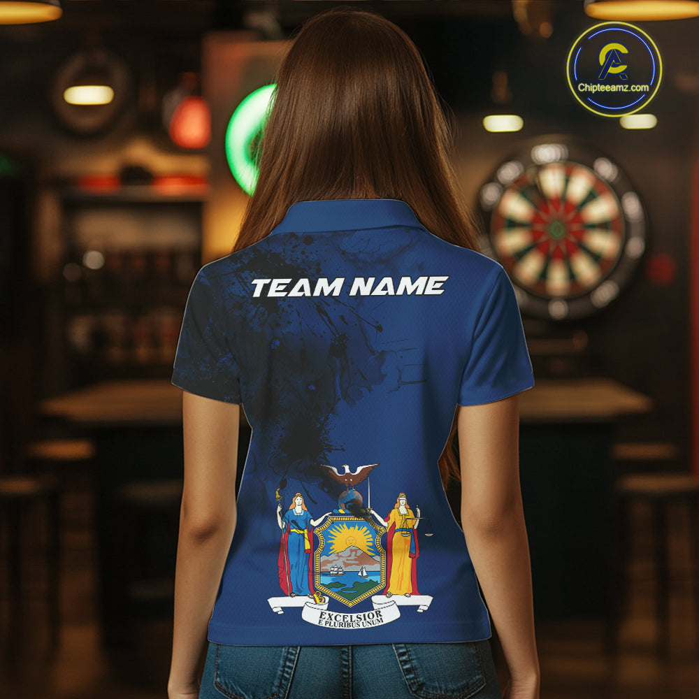 Personalized New York Flag Black Splatter Dart Polo Shirts For Women Custom Dart Team Jerseys NYN2715
