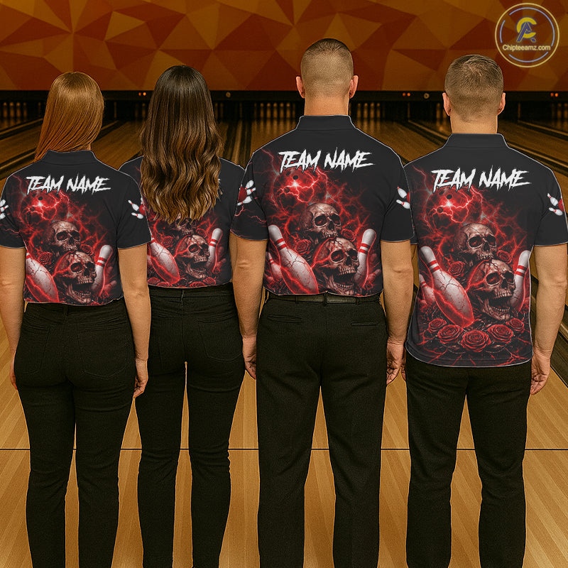 Red Strike Lightning Bowling Custom Team Shirts For Men, Skull Roses Outfit Bowling Team Jersey NYN3071