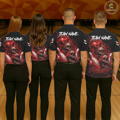 Red Strike Lightning Bowling Custom Team Shirts For Men, Skull Roses Outfit Bowling Team Jersey NYN3071
