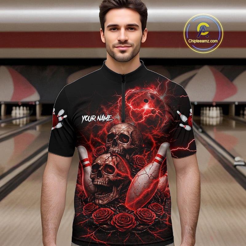 Red Strike Lightning Bowling Custom Team Shirts For Men, Skull Roses Outfit Bowling Team Jersey NYN3071