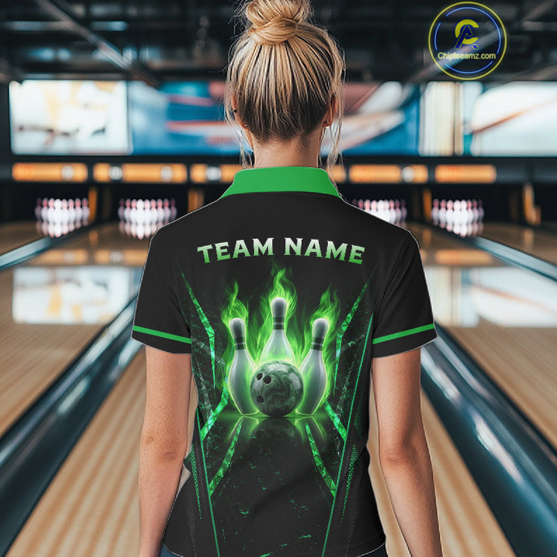 Custom Green Flaming Womens Bowling Jerseys Personalized Bowling Team Shirts For Bowlers NYN3075