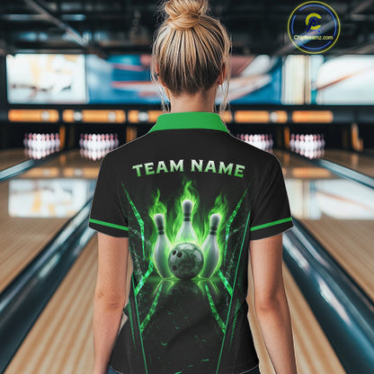 Custom Green Flaming Womens Bowling Jerseys Personalized Bowling Team Shirts For Bowlers NYN3075