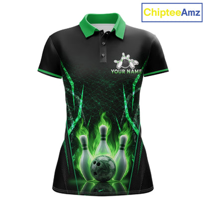 Custom Green Flaming Womens Bowling Jerseys Personalized Bowling Team Shirts For Bowlers NYN3075