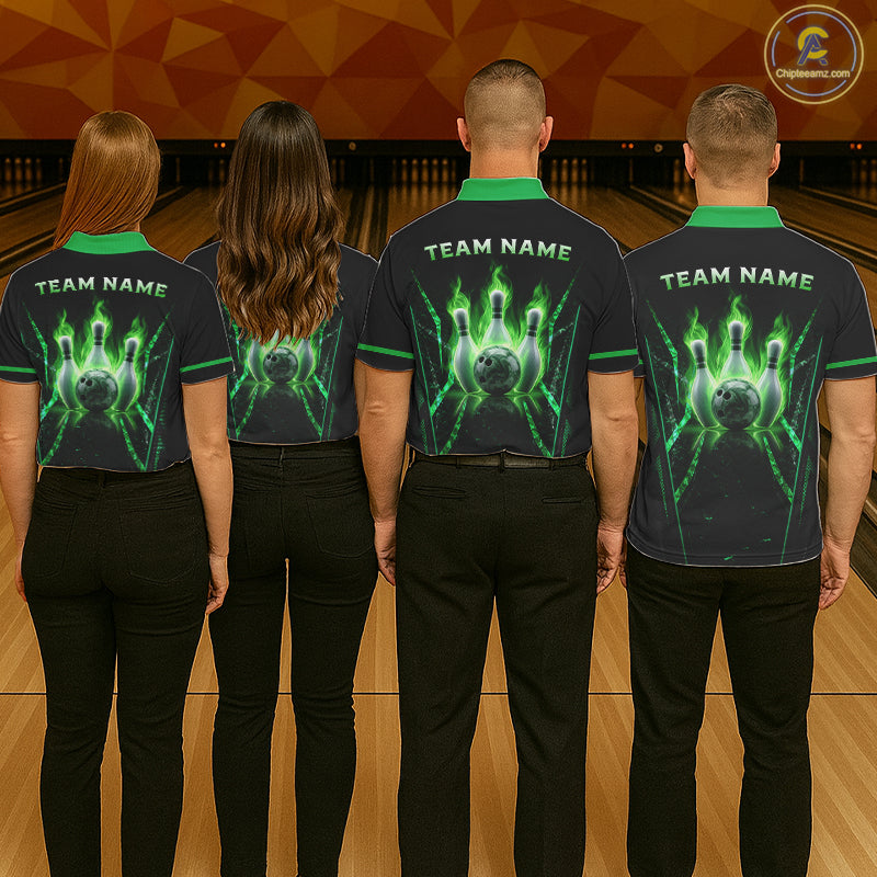 Custom Green Flaming Mens Bowling Jerseys Personalized Bowling Team Shirts For Bowlers NYN3075