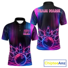 Load image into Gallery viewer, Pink And Blue Neon Lightning Bowling Polo &amp; 1/4-Zip Shirt For Men Custom Team Bowling Jersey NYN3240