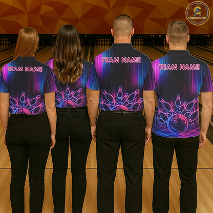 Pink And Blue Neon Lightning Bowling Polo & 1/4-Zip Shirt For Men Custom Team Bowling Jersey NYN3240