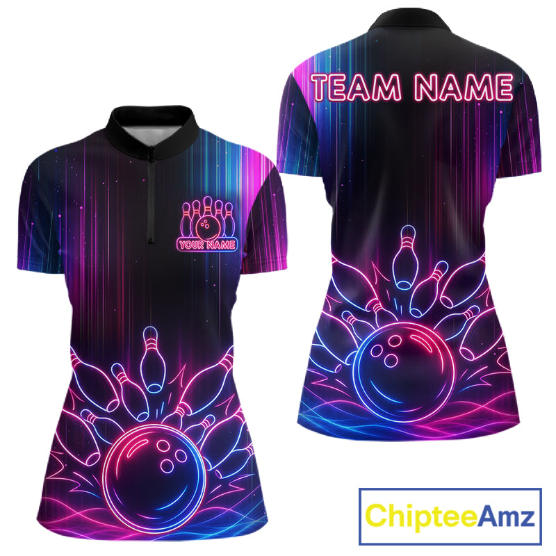 Pink And Blue Neon Lightning Bowling Polo & 1/4-Zip Shirt For Women Custom Team Bowling Jersey NYN3240
