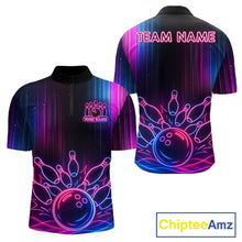 Load image into Gallery viewer, Pink And Blue Neon Lightning Bowling Polo &amp; 1/4-Zip Shirt For Men Custom Team Bowling Jersey NYN3240