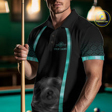 Load image into Gallery viewer, Male pool player wearing Black Teal Thunder Lightning 8 ball billiard jersey during league competition