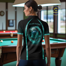 Load image into Gallery viewer, Female pool player wearing Black Teal Thunder Lightning 8 ball billiard jersey during league competition