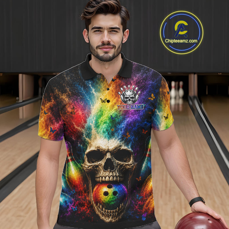 Male bowler wearing Skull Butterfly bowling shirt featuring tattoo art style, confidence, fearless attitude, custom tournament apparel, alternative fashion, athletic sportswear.