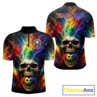 Man wearing Smoke Skull Butterfly Quarter-Zip Bowling Jersey featuring gothic artwork, quick-dry performance clothing, custom bowling team graphics, tattoo-inspired sportswear.