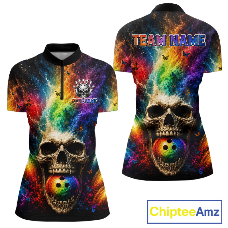 Smoke Skull Butterfly Quarter-Zip Bowling Shirt featuring custom player name, skull artwork, butterfly symbolism, breathable tournament jersey, moisture-wicking athletic fabric, custom bowling apparel.