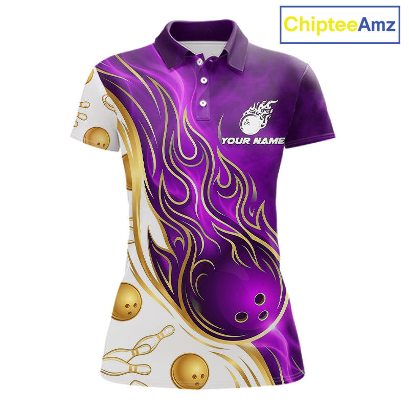 Gold & Purple Flames Bowling Polo featuring dynamic flame graphics, personalized bowling team name, breathable performance polo, moisture-wicking tournament apparel, luxury sportswear, championship bowling jersey, royal purple accents.