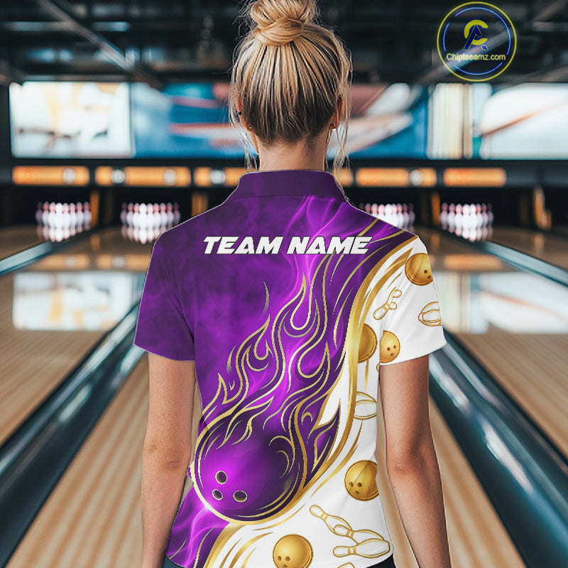 Female bowler posing in Gold & Purple Flames bowling jersey representing ambition, confidence, luxury, success, victory, competitive mindset, personalized bowling apparel.