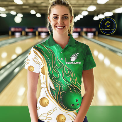 Female bowler modeling Gold & Green Flames jersey representing growth, prosperity, energy, determination, personalized bowling apparel, athletic lifestyle clothing.