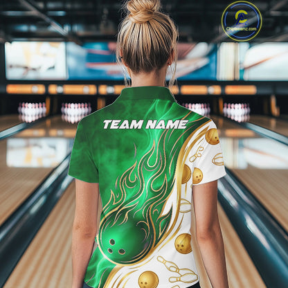 Female bowler modeling Gold & Green Flames jersey representing growth, prosperity, energy, determination, personalized bowling apparel, athletic lifestyle clothing.