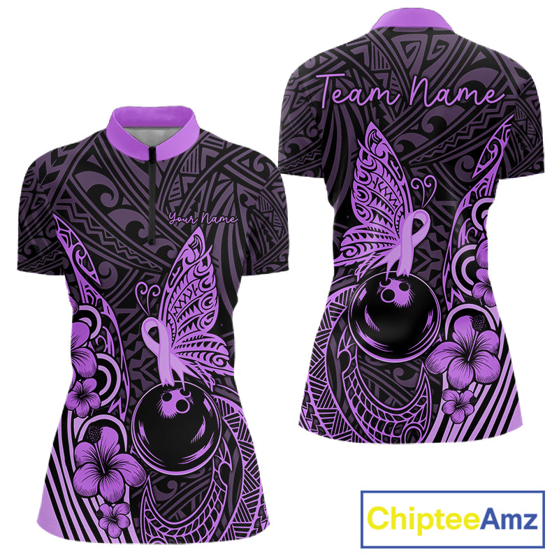 Black And Purple Tropical Tribal Pattern Butterfly Bowling Shirts For Women Custom Bowling Team Jerseys NYN4121