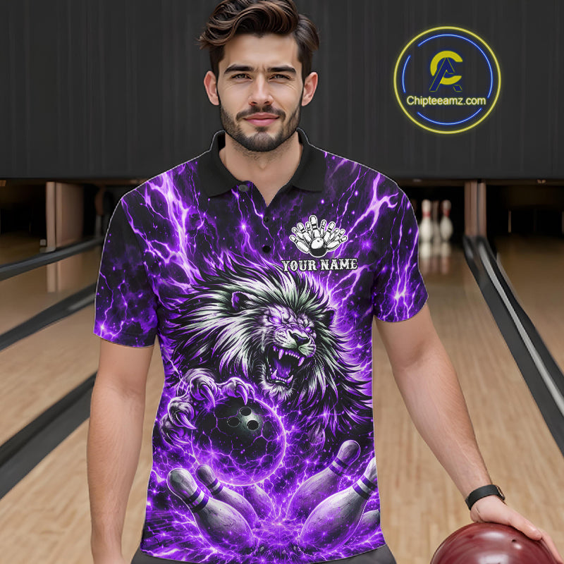 Purple Lightning Thunder Angry Lion Bowling Polo 1/4 Zip Shirt For Men Custom Lion Bowling Team Jersey NYN4132