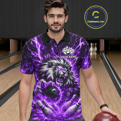 Purple Lightning Thunder Angry Lion Bowling Polo 1/4 Zip Shirt For Men Custom Lion Bowling Team Jersey NYN4132