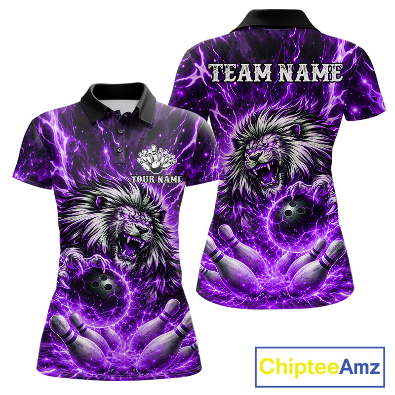 Purple Lightning Thunder Angry Lion Bowling Polo 1/4 Zip Shirt For Women Custom Lion Bowling Team Jersey NYN4132