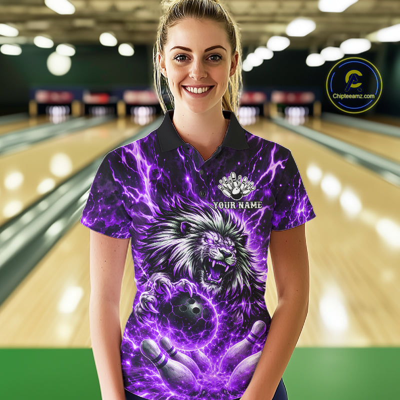 Purple Lightning Thunder Angry Lion Bowling Polo 1/4 Zip Shirt For Women Custom Lion Bowling Team Jersey NYN4132
