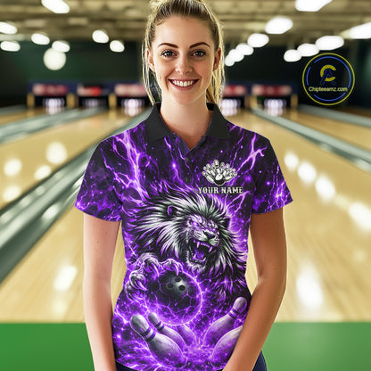 Purple Lightning Thunder Angry Lion Bowling Polo 1/4 Zip Shirt For Women Custom Lion Bowling Team Jersey NYN4132