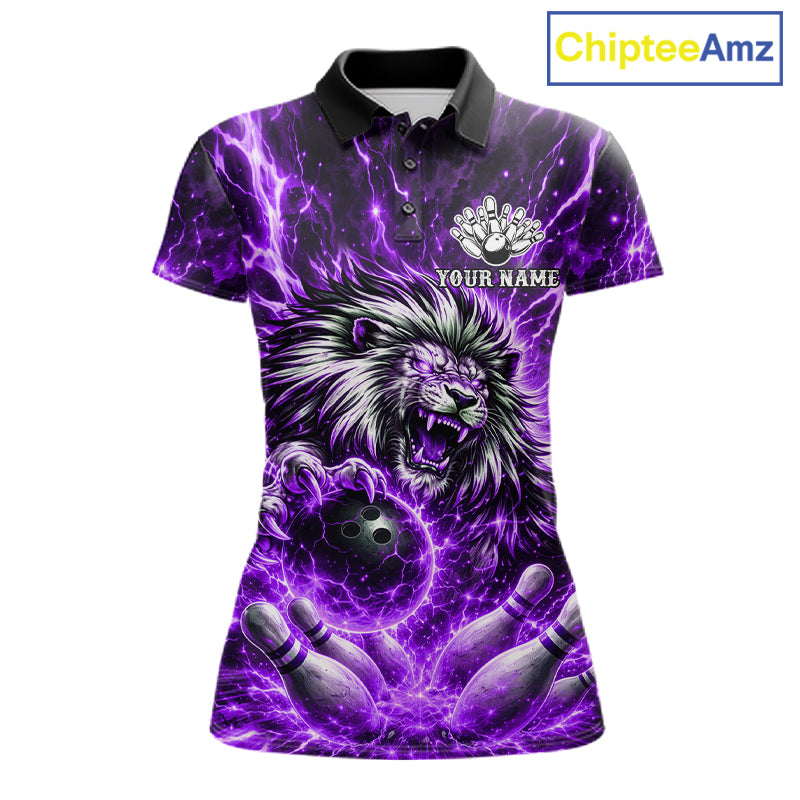 Purple Lightning Thunder Angry Lion Bowling Polo 1/4 Zip Shirt For Women Custom Lion Bowling Team Jersey NYN4132