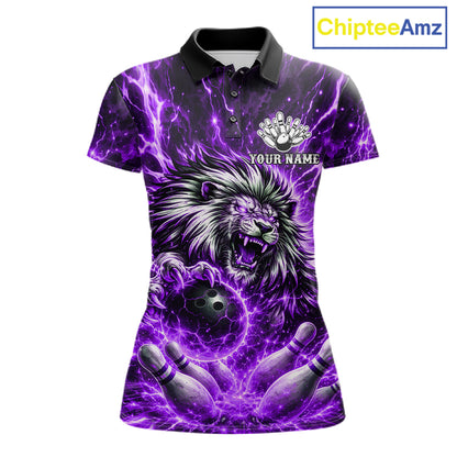 Purple Lightning Thunder Angry Lion Bowling Polo 1/4 Zip Shirt For Women Custom Lion Bowling Team Jersey NYN4132