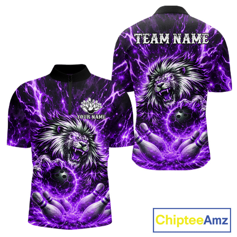 Purple Lightning Thunder Angry Lion Bowling Polo 1/4 Zip Shirt For Men Custom Lion Bowling Team Jersey NYN4132