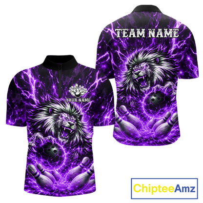 Purple Lightning Thunder Angry Lion Bowling Polo 1/4 Zip Shirt For Men Custom Lion Bowling Team Jersey NYN4132