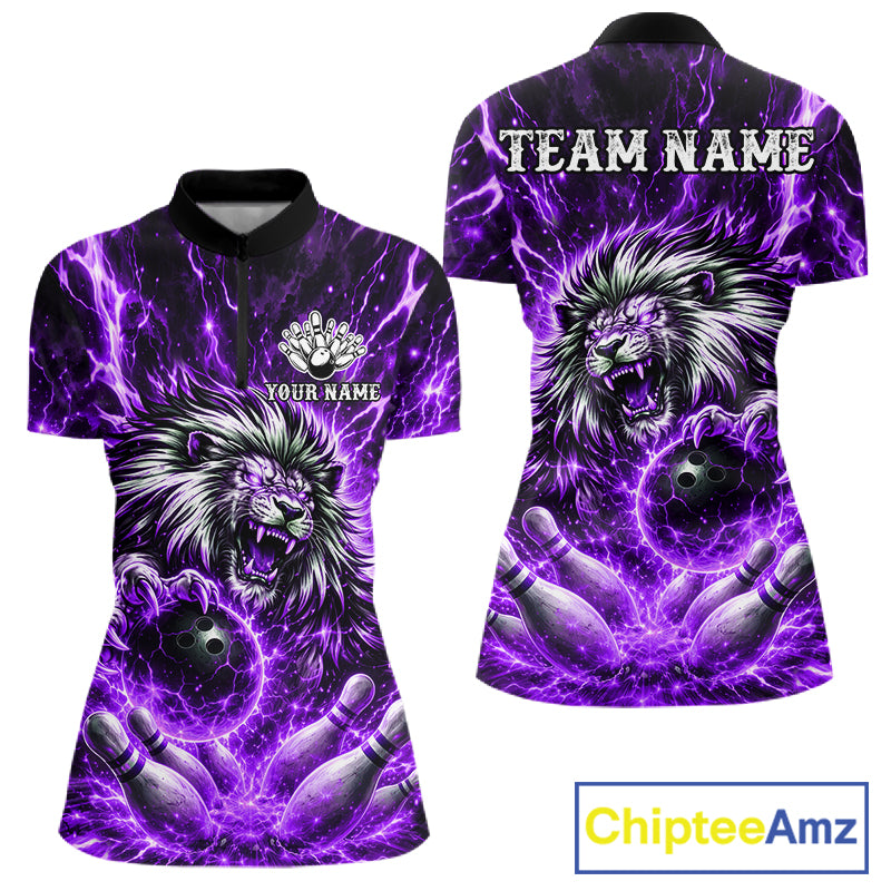 Purple Lightning Thunder Angry Lion Bowling Polo 1/4 Zip Shirt For Women Custom Lion Bowling Team Jersey NYN4132
