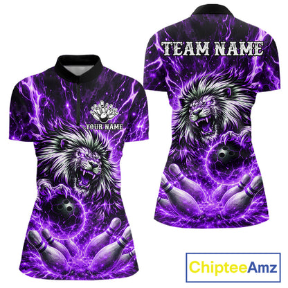 Purple Lightning Thunder Angry Lion Bowling Polo 1/4 Zip Shirt For Women Custom Lion Bowling Team Jersey NYN4132