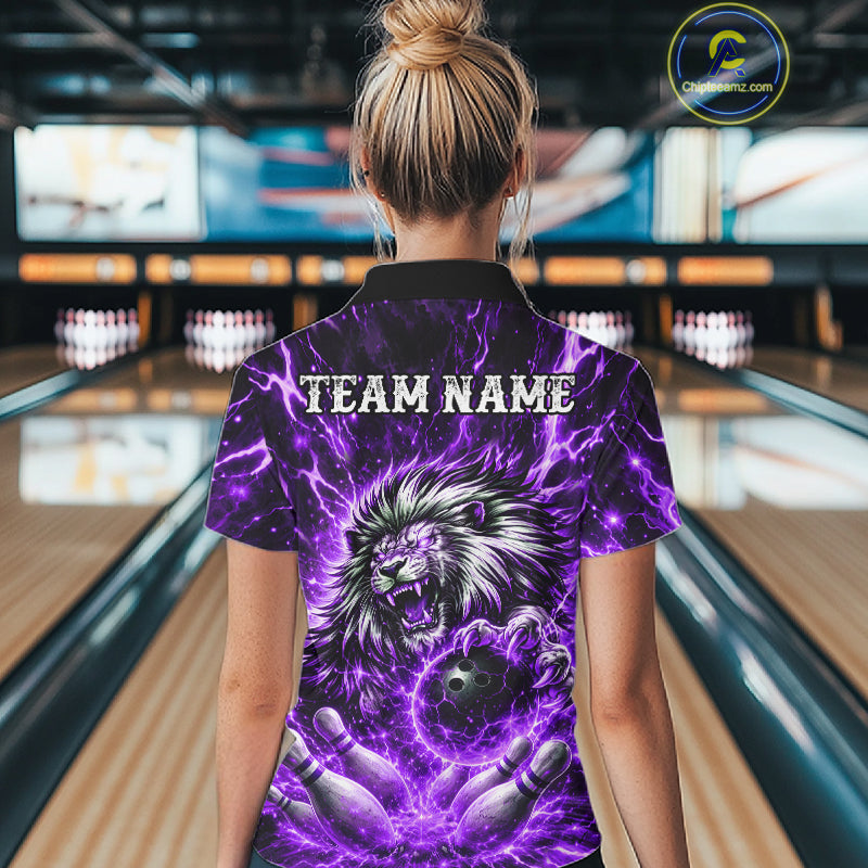 Purple Lightning Thunder Angry Lion Bowling Polo 1/4 Zip Shirt For Women Custom Lion Bowling Team Jersey NYN4132