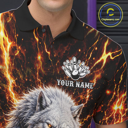 Gold Lightning Thunder Angry Wolf Bowling Polo 1/4 Zip Shirt For Men Custom Wolf Bowling Team Jersey NYN4133