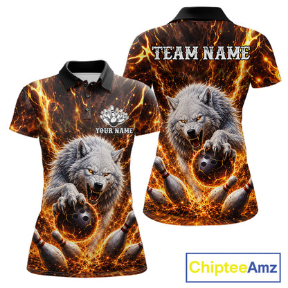 Gold Lightning Thunder Angry Wolf Bowling Polo 1/4 Zip Shirt For Women Custom Wolf Bowling Team Jersey NYN4133